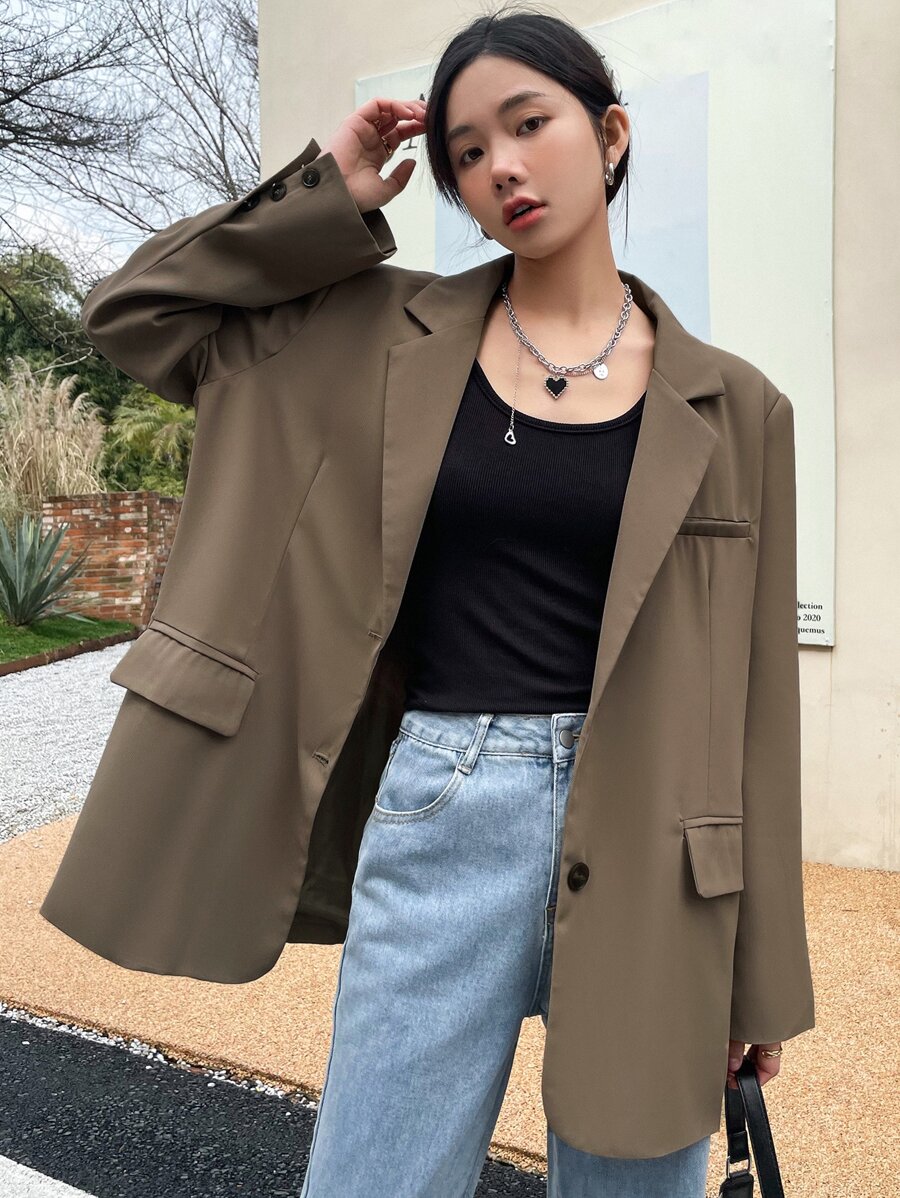 DAZY Blazer com detalhe de lapela e aba, ideal para o outono e para o ambiente de negócios. - Marrom Claro - Ver 1