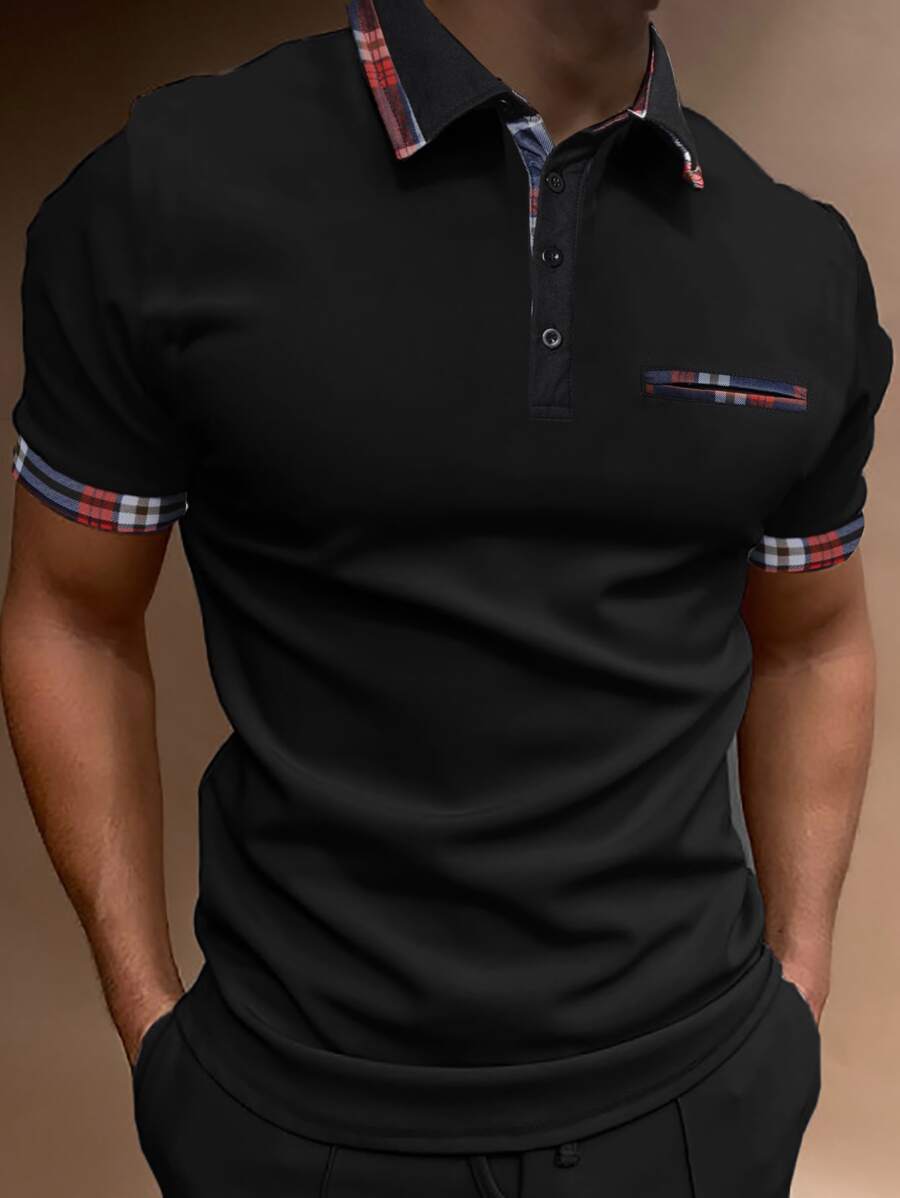 Manfinity Men Plaid Trim Polo Shirt - Black - View 1