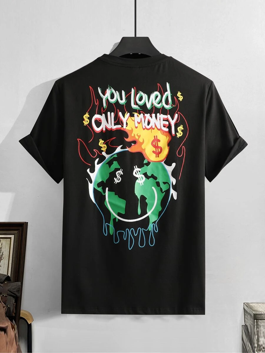 Manfinity Roghcode Men Slogan & Cartoon Face Print Tee - Black - View 1