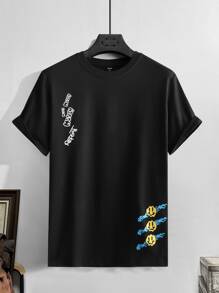 Manfinity Roghcode Men Slogan & Cartoon Face Print Tee - Black - View 2