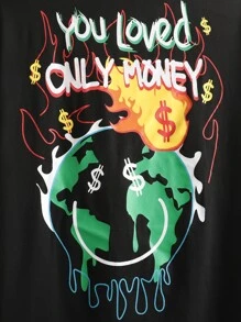 Manfinity Roghcode Men Slogan & Cartoon Face Print Tee - Black - View 3