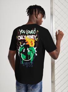 Manfinity Roghcode Men Slogan & Cartoon Face Print Tee - Black - View 7