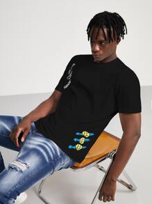 Manfinity Roghcode Men Slogan & Cartoon Face Print Tee - Black - View 8