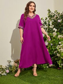 Al Najma Plus Contrast Sequin Tunic Dress - Red Violet - View 2