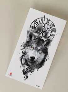 1 miếng dán hình xăm tạm thời hình hoa lớn & đầu sói & họa tiết đồng hồ chống thấm nước & chống mồ hôi cho cánh tay - màu đen - Xem 3