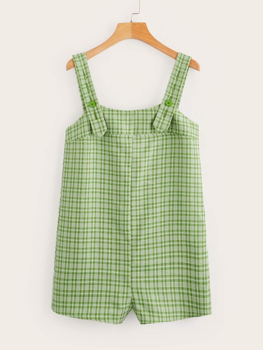 Plaid Zip Back Overall Romper Without Blouse - Green - View 1