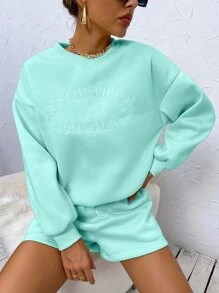 SHEIN Unity Letter Embroidery Drop Shoulder Sweatshirt & Shorts Fall Cloth For Women - Mint Green - View 1