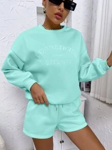SHEIN Unity Letter Embroidery Drop Shoulder Sweatshirt & Shorts Fall Cloth For Women - Mint Green - View 3