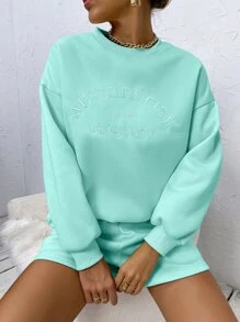 SHEIN Unity Letter Embroidery Drop Shoulder Sweatshirt & Shorts Fall Cloth For Women - Mint Green - View 5