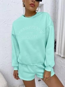 SHEIN Unity Letter Embroidery Drop Shoulder Sweatshirt & Shorts Fall Cloth For Women - Mint Green - View 6