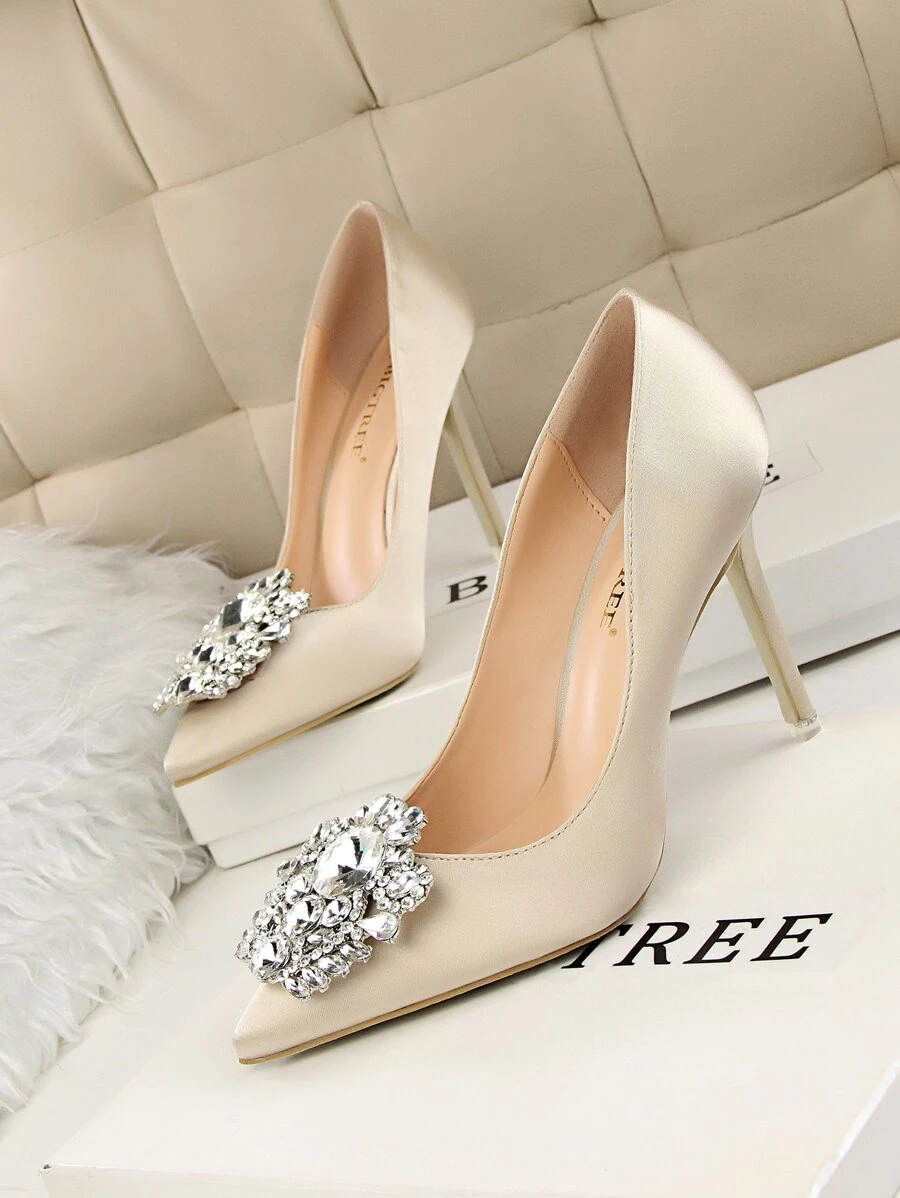 Rhinestone Decor Satin Stiletto Court Heels - Champagne - View 1