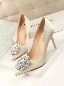 Rhinestone Decor Satin Stiletto Court Heels - Champagne - View 2