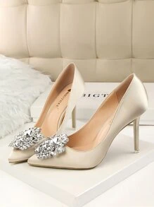 Rhinestone Decor Satin Stiletto Court Heels - Champagne - View 4