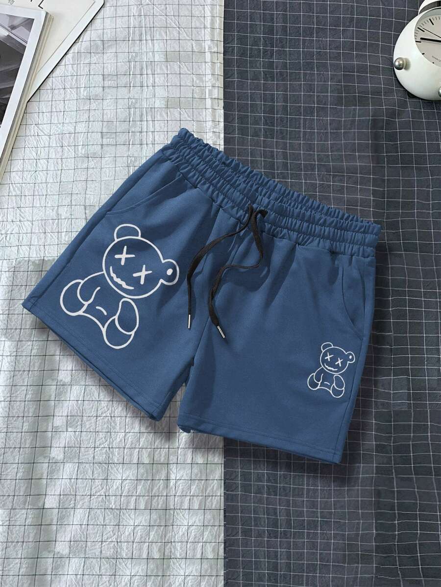 Manfinity EMRG 男士小熊印花腰部抽繩短褲 - 霧霾藍 - 查看 1