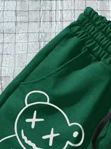 Manfinity Hypemode 男士小熊印花腰部抽繩短褲 - 墨綠色 - 查看 4