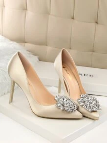 Rhinestone Decor Satin Stiletto Court Heels - Champagne - View 6