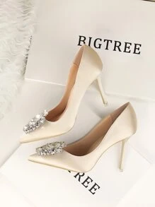 Rhinestone Decor Satin Stiletto Court Heels - Champagne - View 7