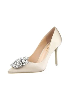 Rhinestone Decor Satin Stiletto Court Heels - Champagne - View 8