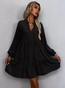 SHEIN LUNE Vestido smock de cuello con cordón de manga farol