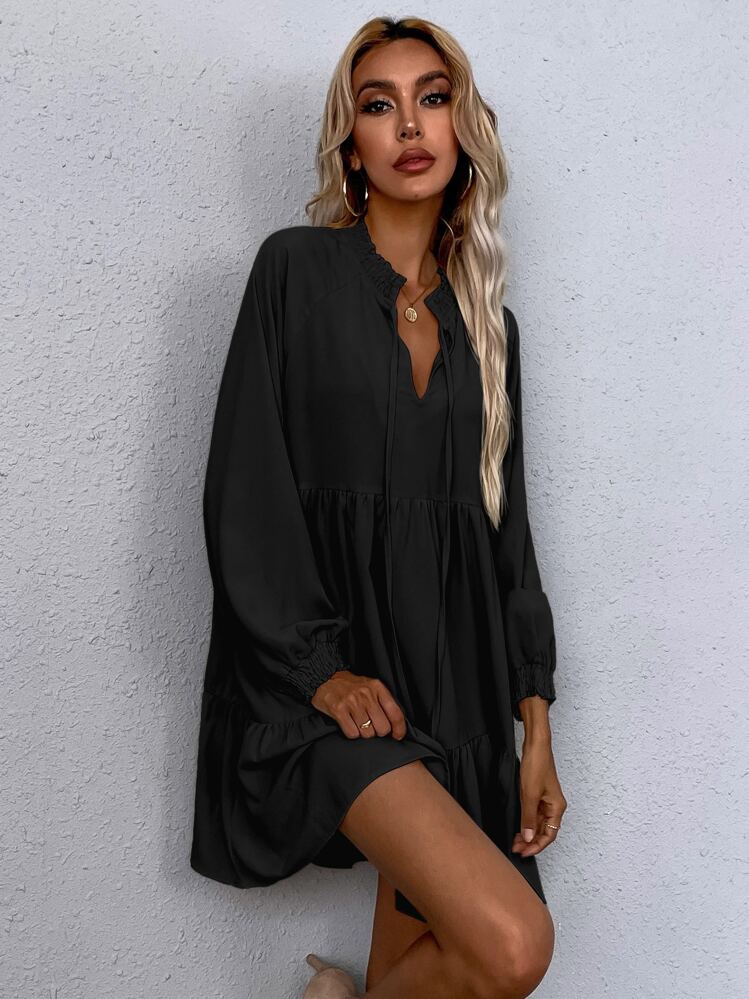 embroidered lantern sleeve tassel tie smock dress Stand-Collar Lantern-Sleeve Corset-Pleat Maxi Dress Ivory Oat / M