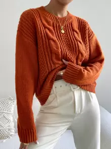 Chiquease Cable Knit Drop Shoulder Sweater,Long Sleeve Tops Knit Pullover Fall Winter Outfit