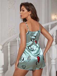 Conjunto de pijama con estampado de corazón de satén - Azul Cadete - Ver 2