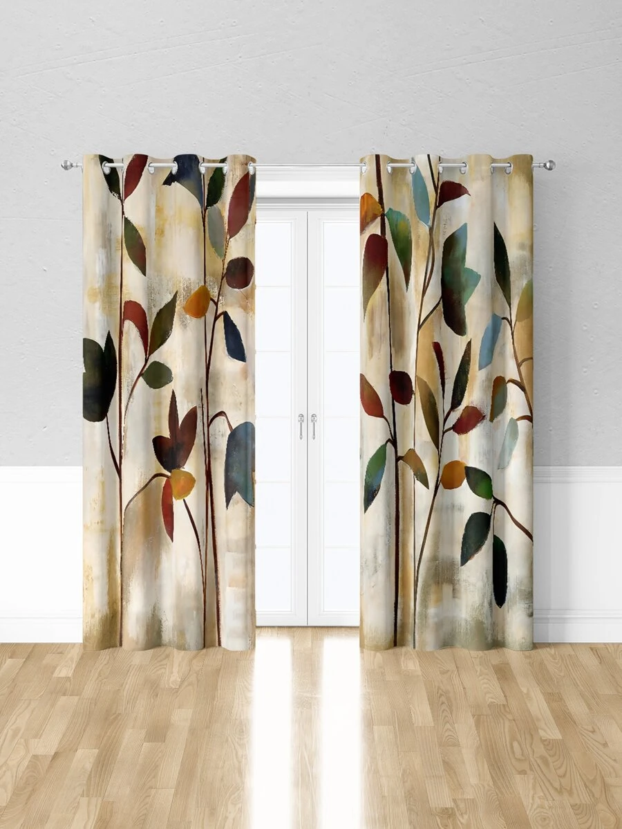 2pcs Flower Pattern Curtain, Modern Polyester Curtain For Living Room, Bedroom - Multicolor - View 1