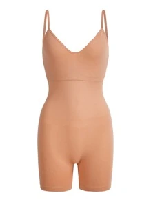 SHAPORA Solid Ribbed Knit Shapewear Bodysuit - Apricot - View 3