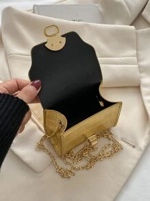 迷你精致链条斜挎包，鳄鱼皮纹，锁扣，单肩包，时尚感包包 - 金色 - 查看 5