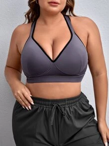 Bras thể thao Plus Size Hội Chữ thập màu trơn - Màu tím hoa cà - Xem 2