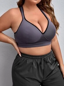 Bras thể thao Plus Size Hội Chữ thập màu trơn - Màu tím hoa cà - Xem 3