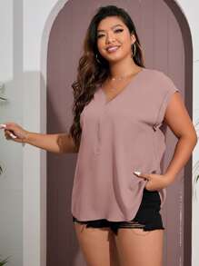 SHEIN LUNE Plus Zip Front Batwing Sleeve Blouse - Dusty Pink - View 4