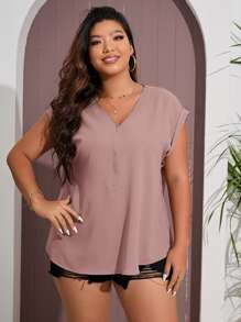 SHEIN LUNE Plus Zip Front Batwing Sleeve Blouse - Dusty Pink - View 5