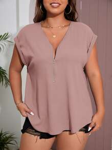 SHEIN LUNE Plus Zip Front Batwing Sleeve Blouse - Dusty Pink - View 6