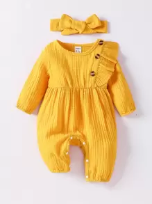 SHEIN Playful Pals 嬰兒女孩紋路打褶紋紗質連身衣套頭帶