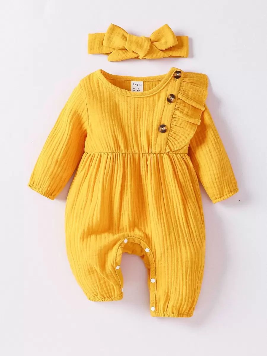 SHEIN Playful Pals 嬰兒女孩紋路打褶紋紗質連身衣套頭帶