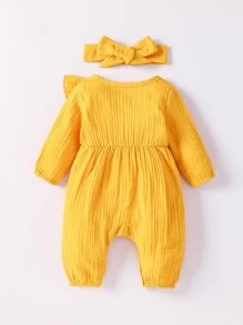 SHEIN Playful Pals 嬰兒女孩紋路打褶紋紗質連身衣套頭帶