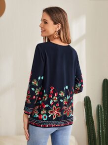 EMERY ROSE V領印花上衣 - 藏蓝色 - 查看 2