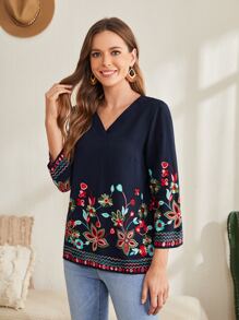 EMERY ROSE V領印花上衣 - 藏蓝色 - 查看 1