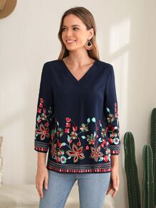 EMERY ROSE V領印花上衣 - 藏蓝色 - 查看 5