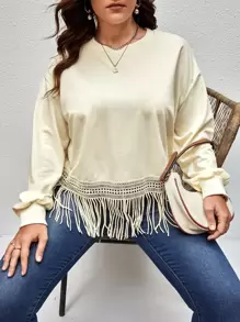 Sudadera de hombros caídos bajo con fleco - Beis - Ver 1