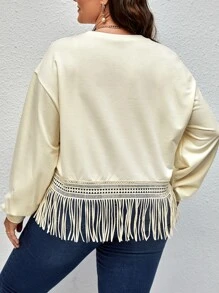 Sudadera de hombros caídos bajo con fleco - Beis - Ver 2