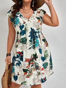 SHEIN VCAY Plus Tropical Print Cap Sleeve Tunic Dress - Multicolor - View 1