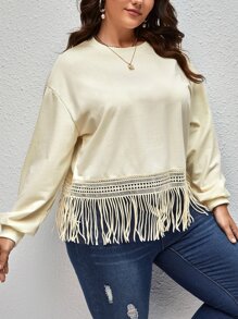 Sudadera de hombros caídos bajo con fleco - Beis - Ver 5