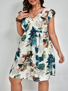 SHEIN VCAY Plus Tropical Print Cap Sleeve Tunic Dress - Multicolor - View 4