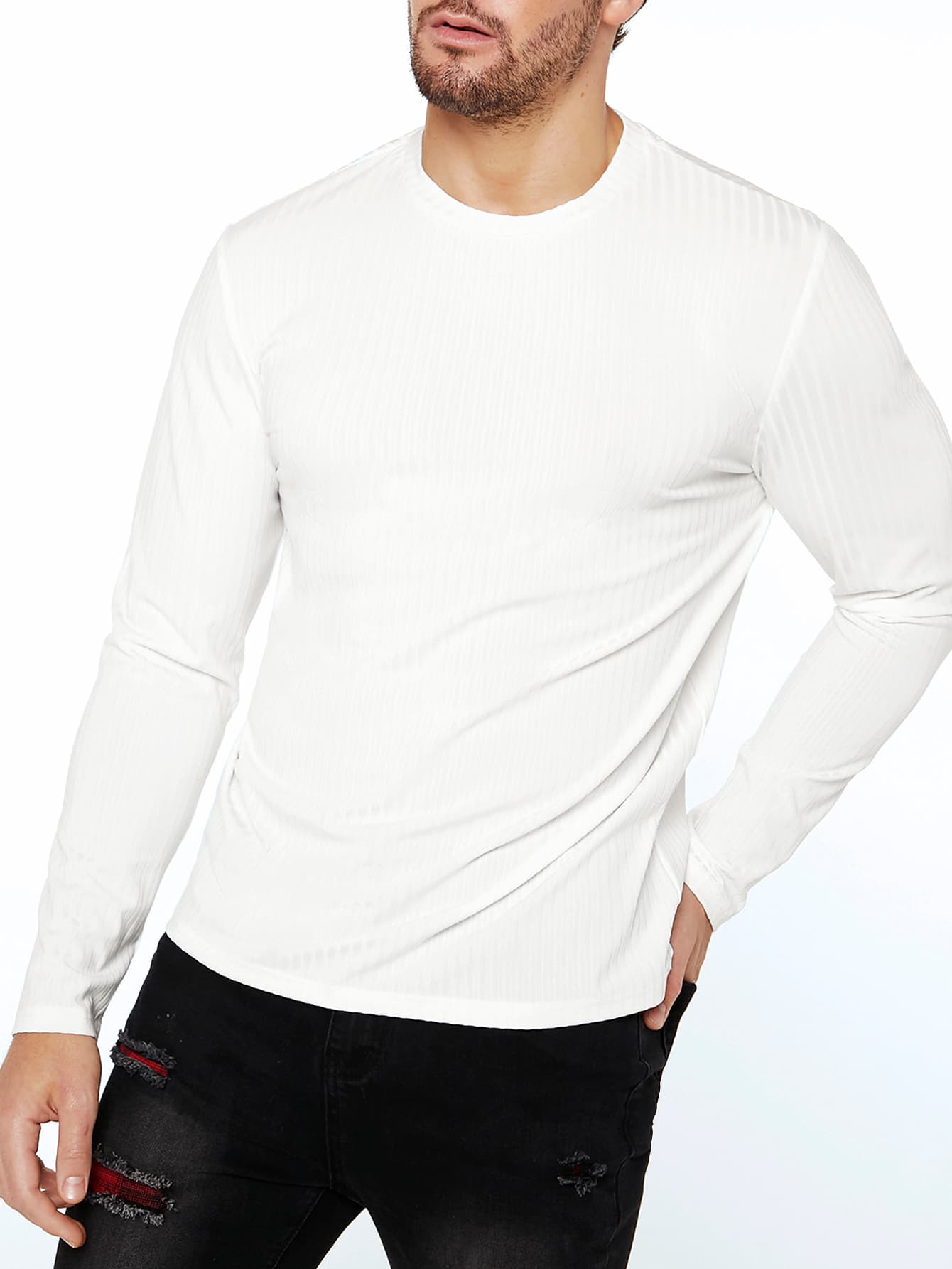 Manfinity Hombres Camiseta unicolor tejido de canalé - Blanco - Ver 1