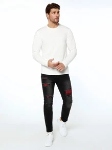 Manfinity Hombres Camiseta unicolor tejido de canalé - Blanco - Ver 3