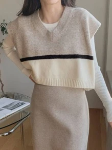 DAZY 1 pieza Chaleco de punto con bloques de color, ropa de otoño