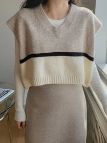 DAZY 1 pieza Chaleco de punto con bloques de color, ropa de otoño