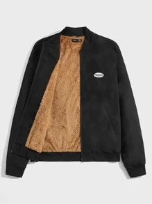 GENTILAND Loose Fit Men Patch Detail Teddy Lined Bomber Jacket - Black - View 1